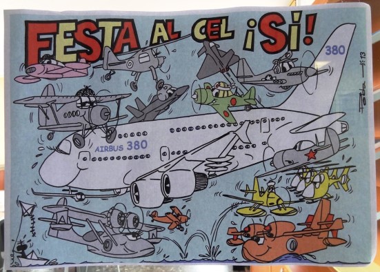 Un A380 rodeado por aviones de aviación general, es la caricatura en clave de humor de la supresión de la Festa al Cel / Foto: JFG 
